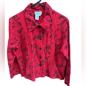 Coldwater Creek SILK BLEND Red Floral Embroidered Quilted Jacket Blouse Size M